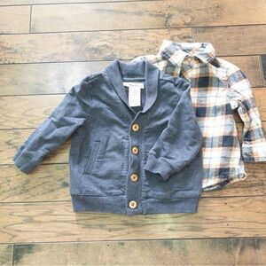 Tommy Bahama Navy Blue Cardigan and Plaid Shirt Set